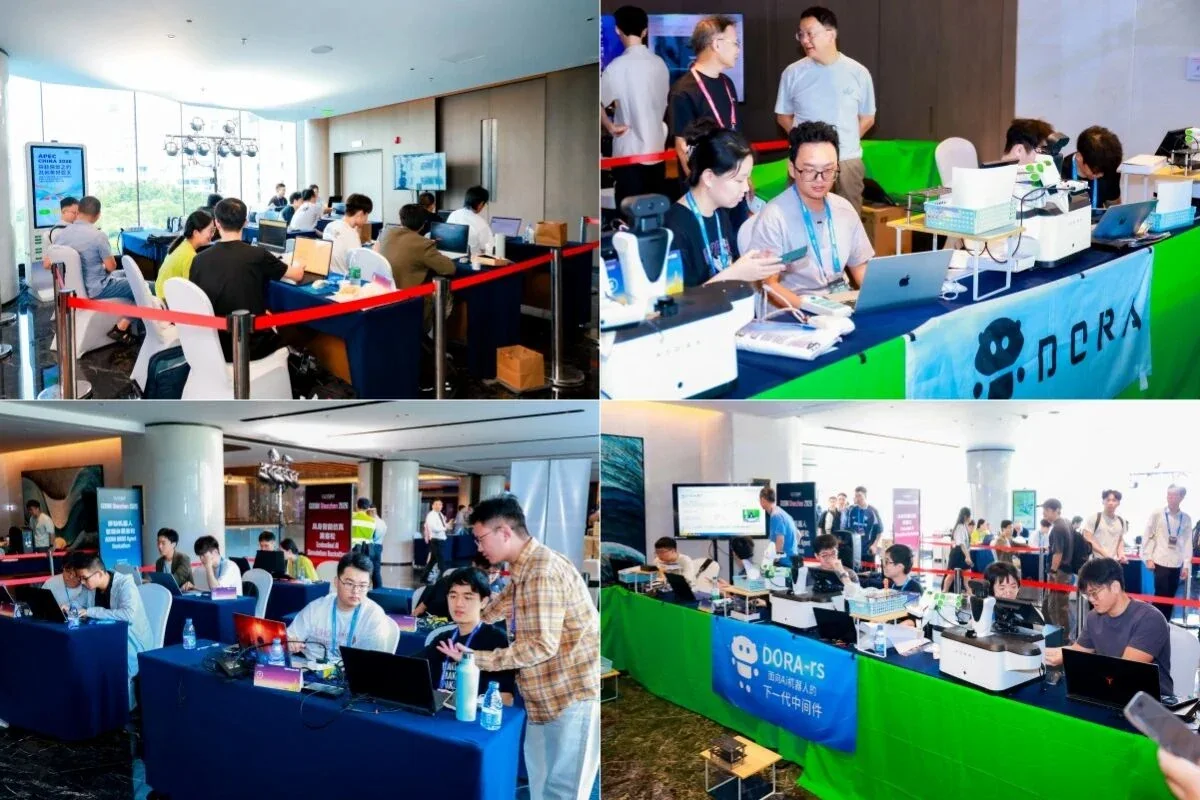 Four views of hackathon teams working on laptops and robotics projects